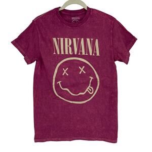 Officially Licensed Nirvana Nevermind Smiley Grunge Tee Magenta Acid Wash Small